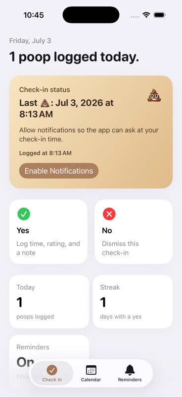 Did You Poop dashboard showing one poop logged today, the last poop time, Yes and No buttons, stats, and reminders.